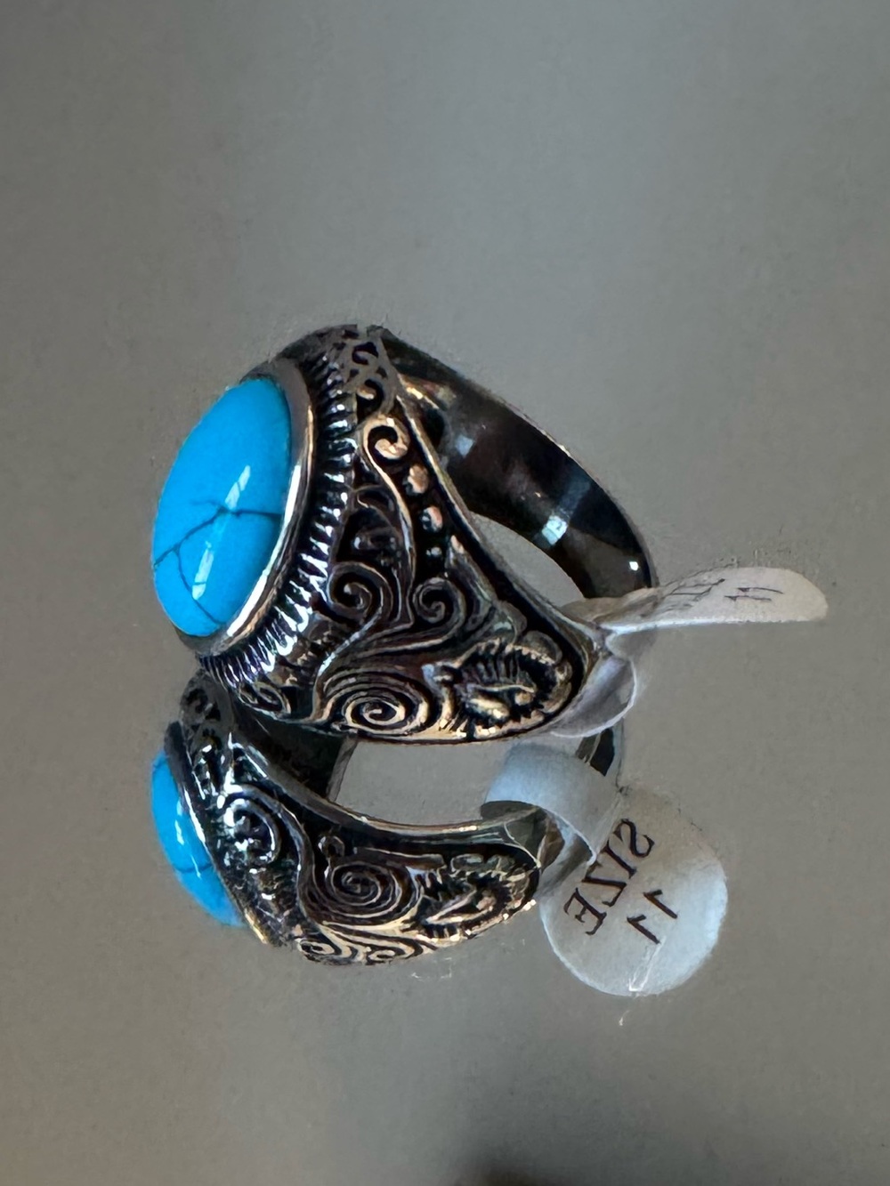 Western Turquoise Statement Ring Size 11 Silver Tone Engraved Oval Cabochon - Picture 7 of 9